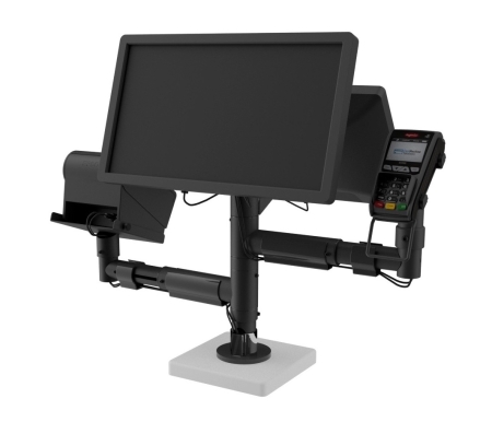 Double 75/100 VESA mount for monitors and two extensible arms for pin pad and printer holder